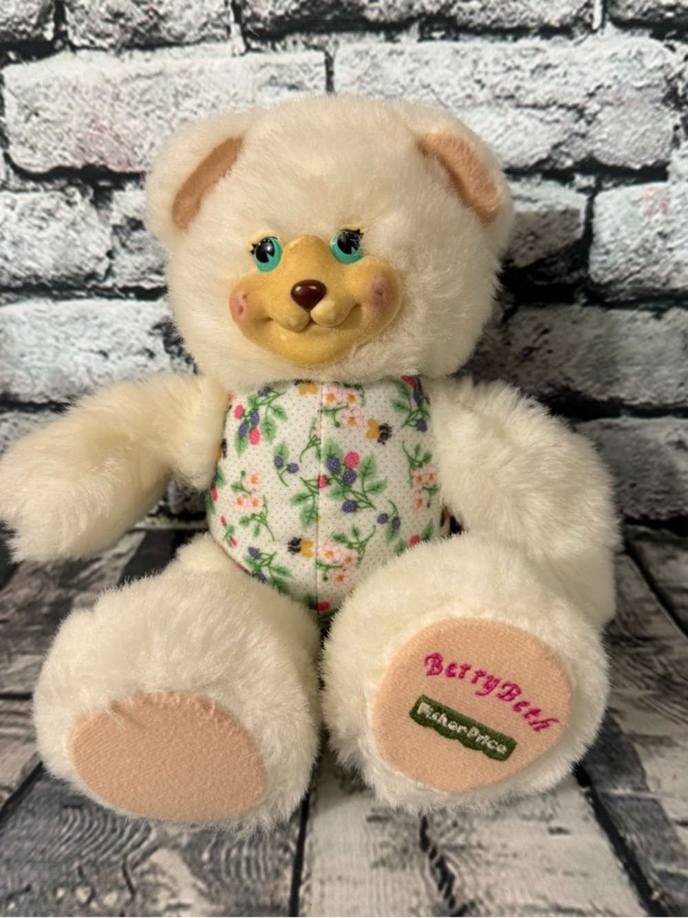 Vintage 1998 Fisher Price Berry Beth Bear Plush With Flocked Face (FPPL-01)